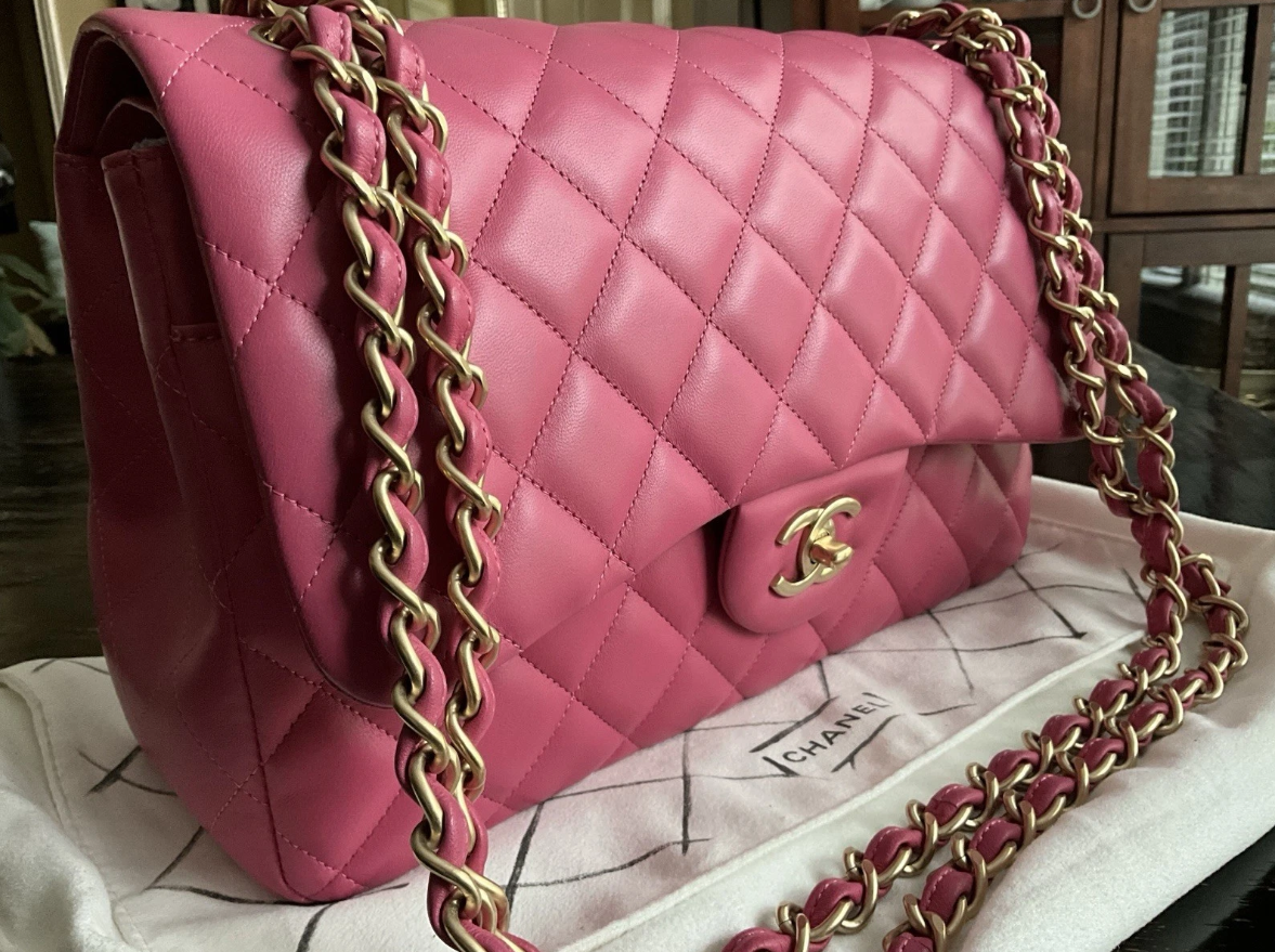Authentic Chanel Classic Double Flap Quilted Lambskin Leather Jumbo Pink Bag