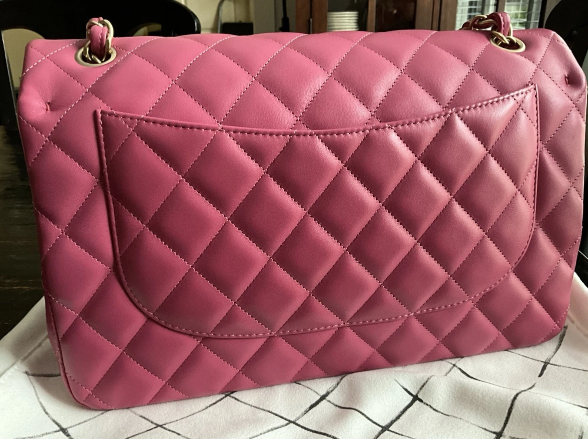 Authentic Chanel Classic Double Flap Quilted Lambskin Leather Jumbo Pink Bag