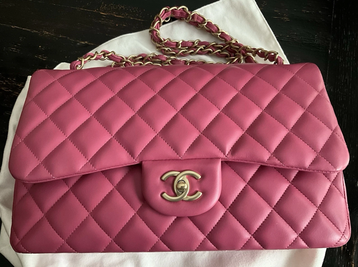 Authentic Chanel Classic Double Flap Quilted Lambskin Leather Jumbo Pink Bag