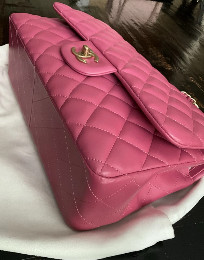Authentic Chanel Classic Double Flap Quilted Lambskin Leather Jumbo Pink Bag