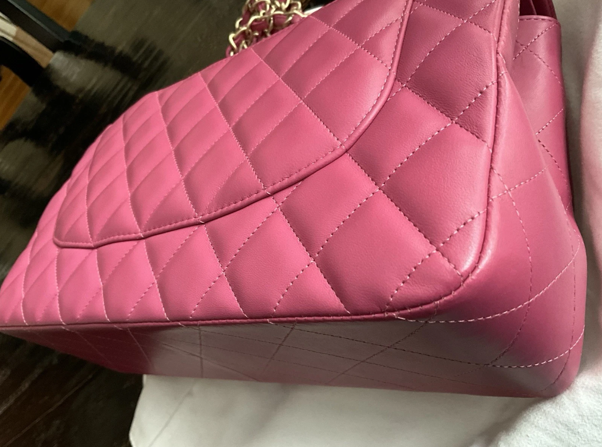 Authentic Chanel Classic Double Flap Quilted Lambskin Leather Jumbo Pink Bag