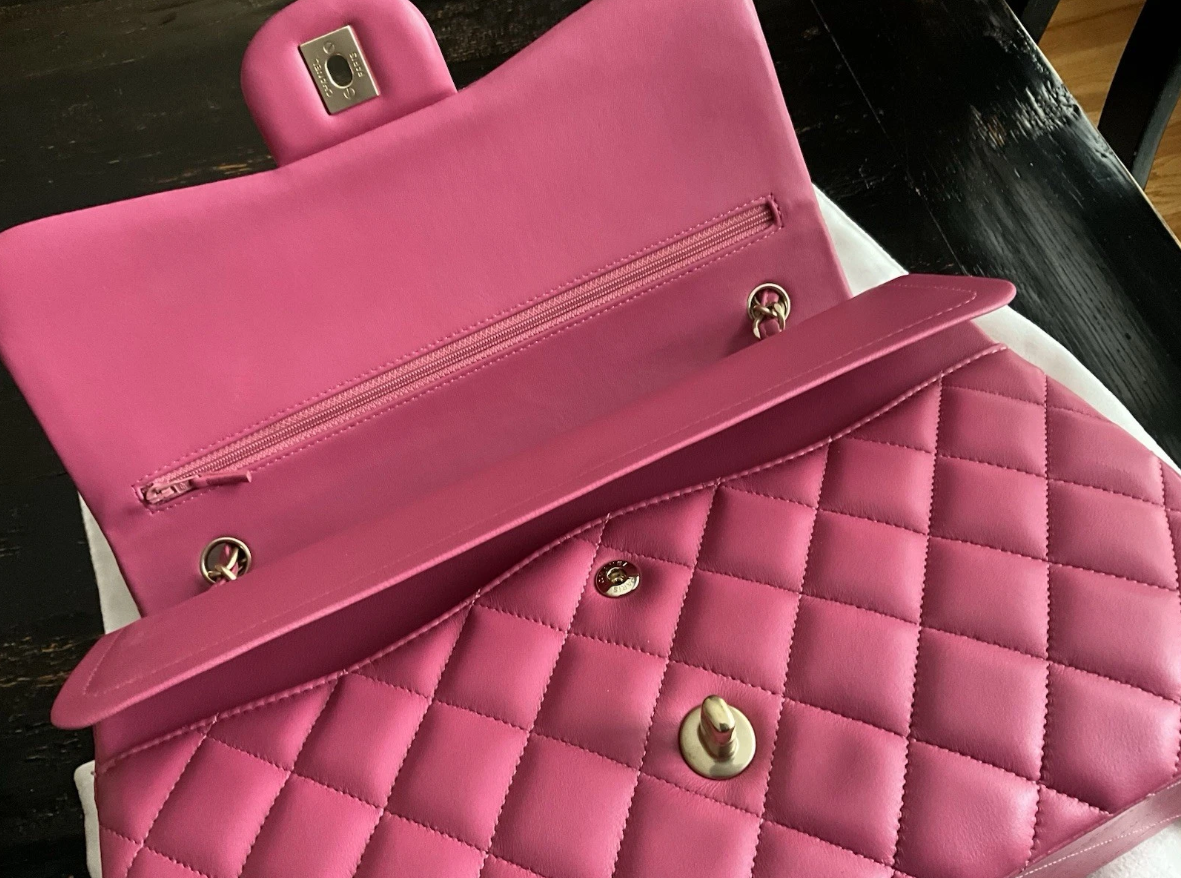 Authentic Chanel Classic Double Flap Quilted Lambskin Leather Jumbo Pink Bag
