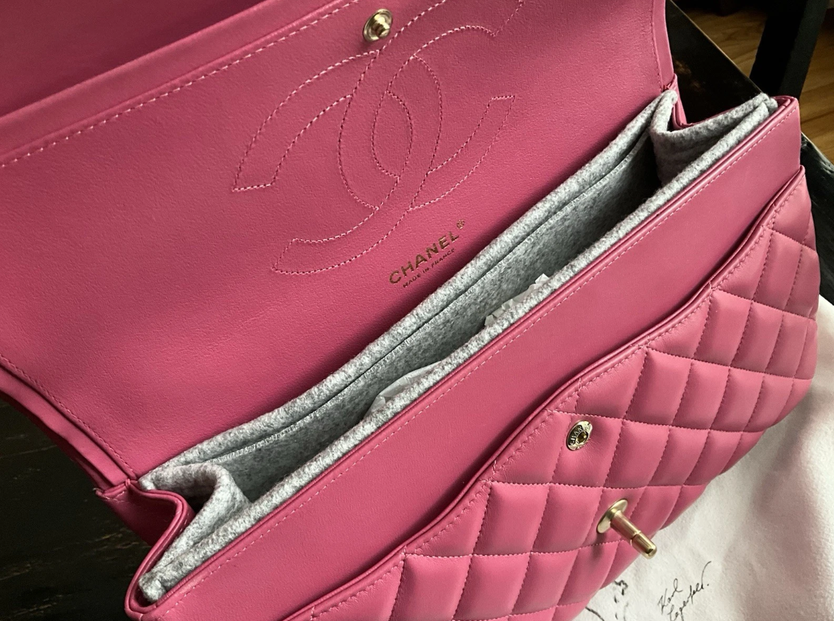 Authentic Chanel Classic Double Flap Quilted Lambskin Leather Jumbo Pink Bag