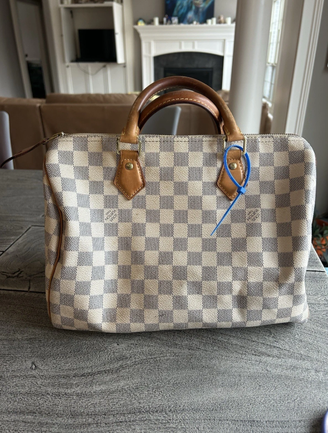 Louis Vuitton Speedy 30 Damier Azur Canvas Satchel Bag Authentic
