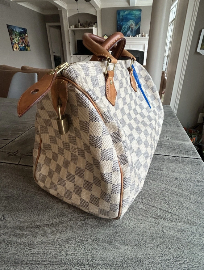 Louis Vuitton Speedy 30 Damier Azur Canvas Satchel Bag Authentic