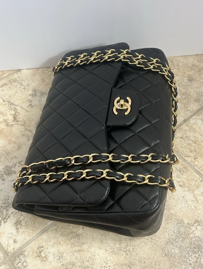 Auth Chanel Maxi Double Flap Classic Black Lambskin Matelasse Bag Large