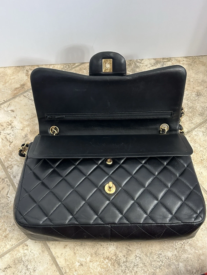 Auth Chanel Maxi Double Flap Classic Black Lambskin Matelasse Bag Large