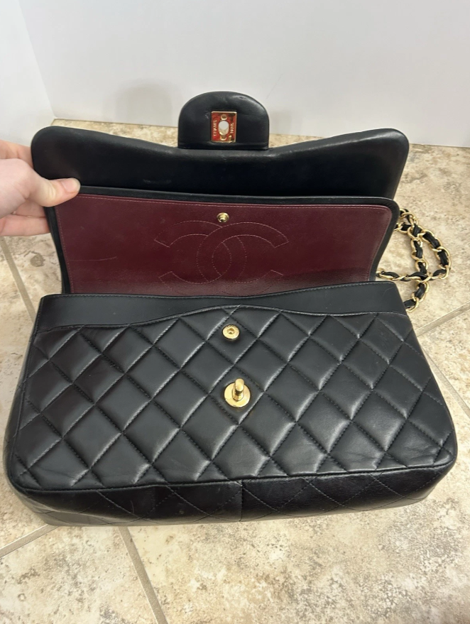 Auth Chanel Maxi Double Flap Classic Black Lambskin Matelasse Bag Large