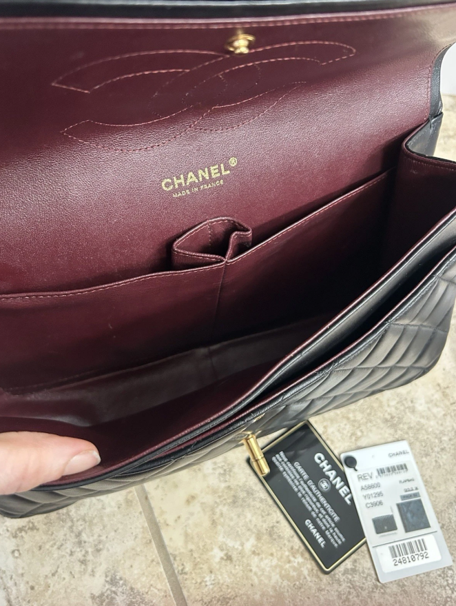 Auth Chanel Maxi Double Flap Classic Black Lambskin Matelasse Bag Large