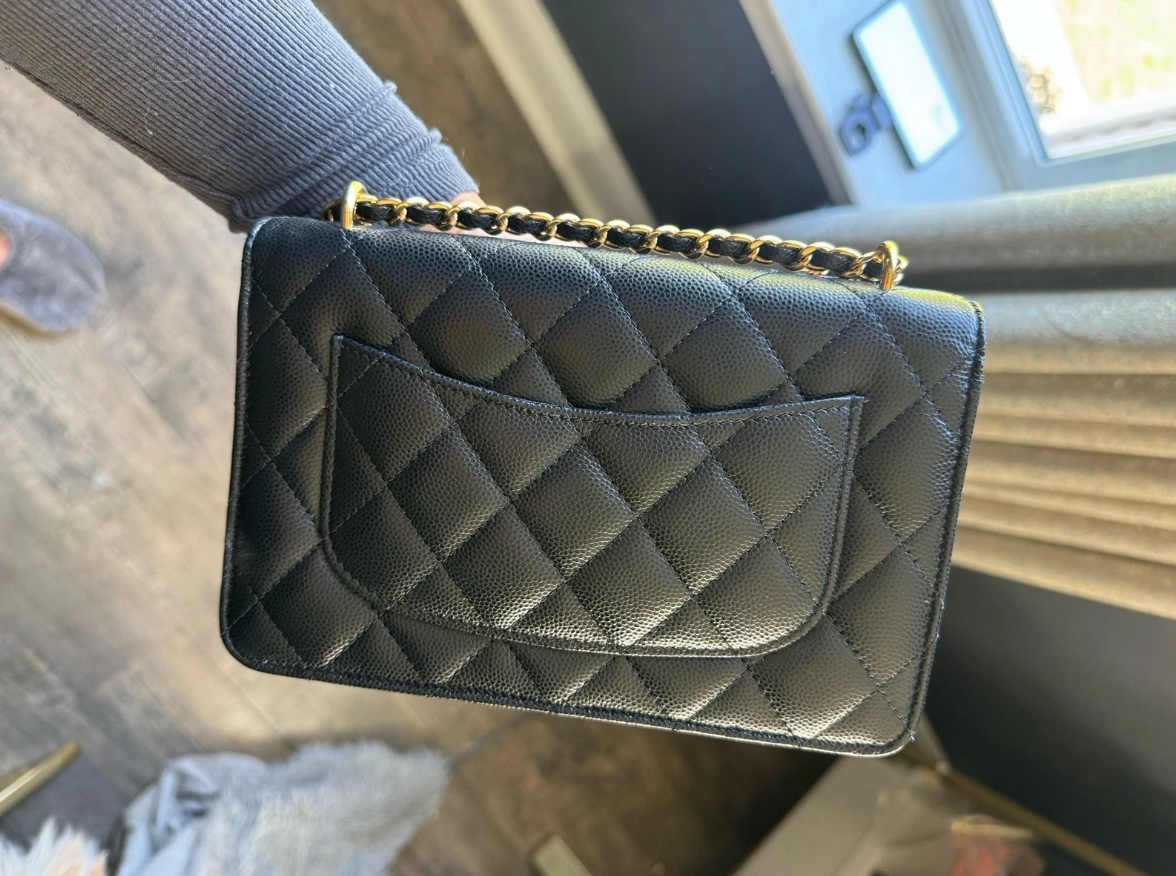 Authentic Chanel 2024 Twin Pocket WOC Mini Black Caviar Gold Hardware Microchip